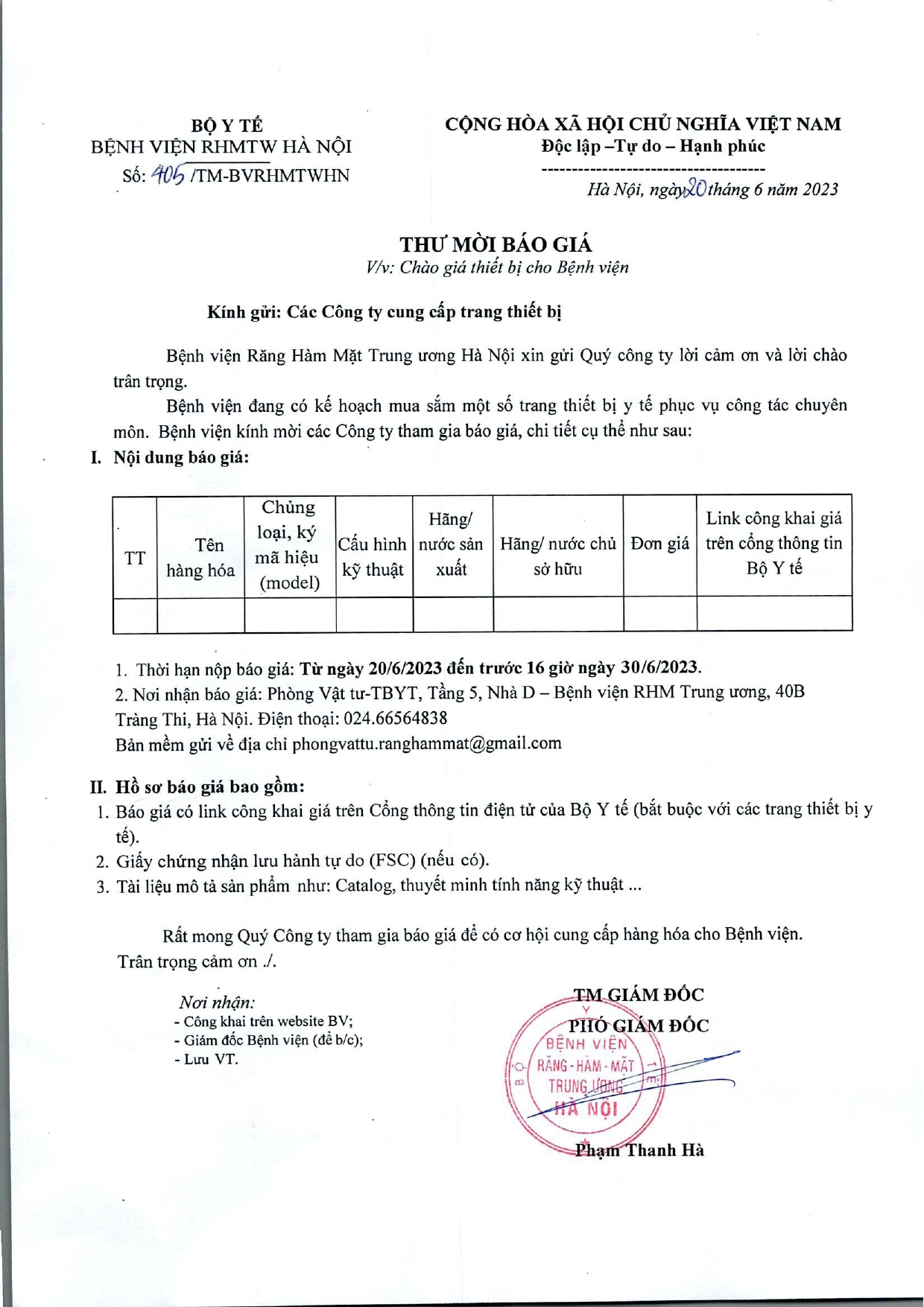 Thư mời báo giá thiết bị cho Bệnh viện